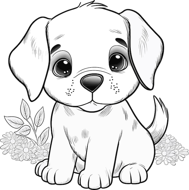 Vector a black and white drawing of a puppy with a black nose and big eyes.