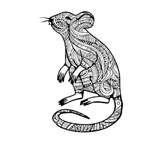 Vector a black and white drawing of a rat with mandala style coloring page