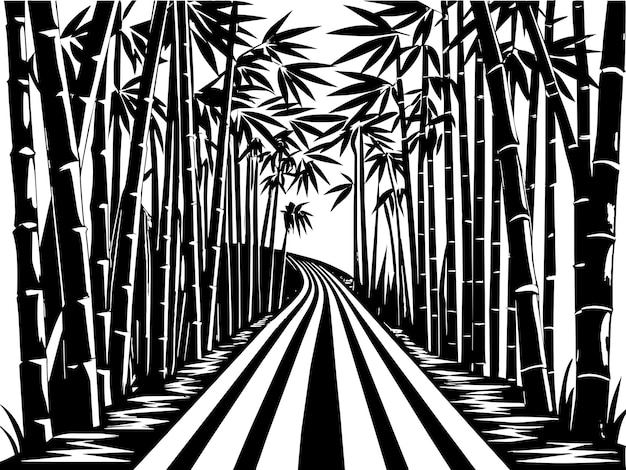 a black and white drawing of a road with palm trees in the background