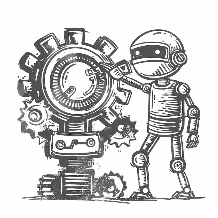 Vector a black and white drawing of a robot with a clock on it