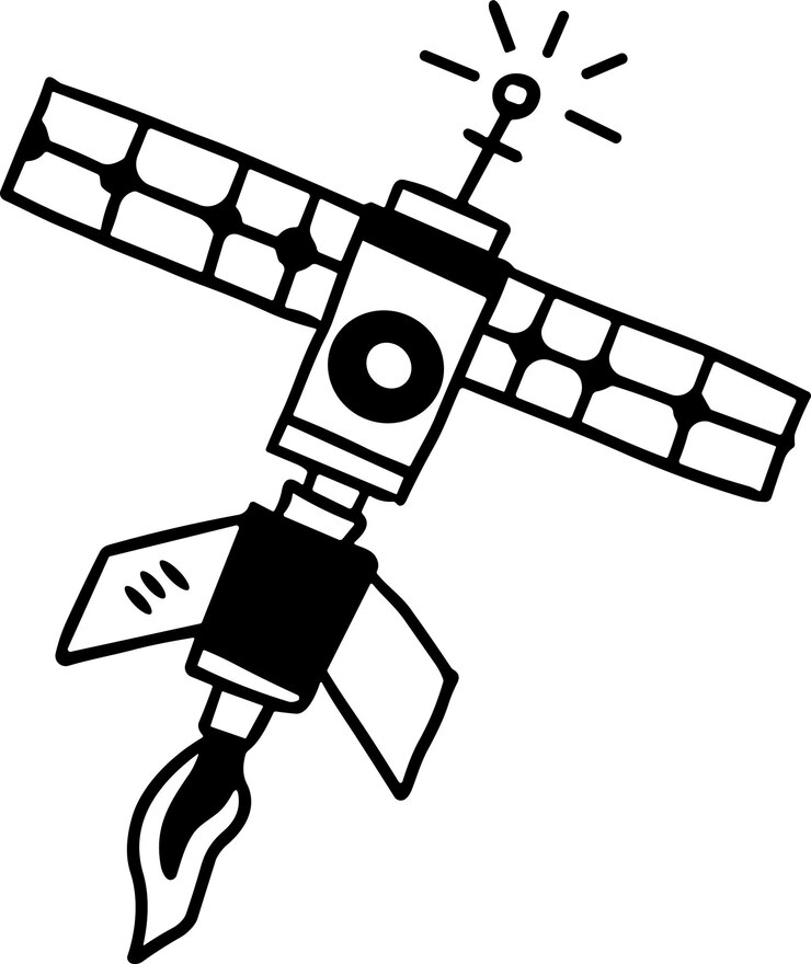 Vector a black and white drawing of a rocket with a bright light on top