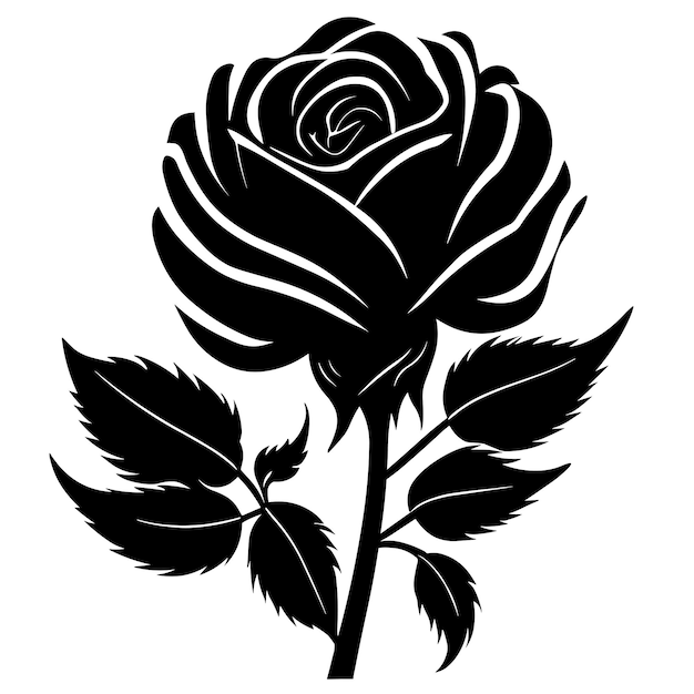 A black and white drawing of a rose with leaves and the word love on it