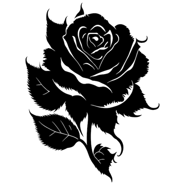 A black and white drawing of a rose with the leaves and the word rose on it.