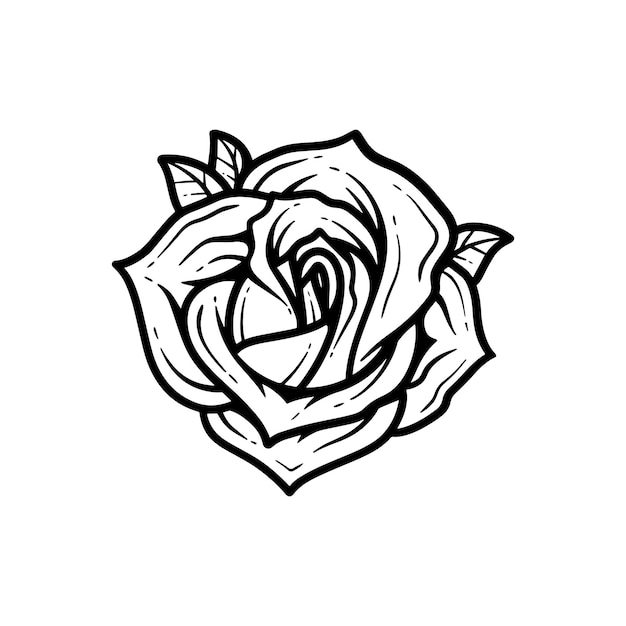 Vettore un disegno in bianco e nero di una rosa con foglie.