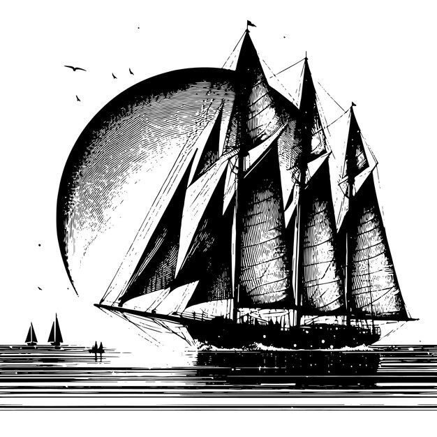 Vector a black and white drawing of a sailboat with a sail and a sailboat in the background