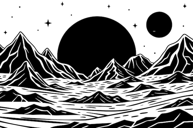 Vector a black and white drawing of a sea with a moon and the stars