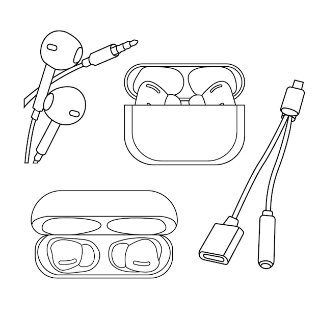 Bluetooth ヘッドフォン アイコンのセットの白黒描画