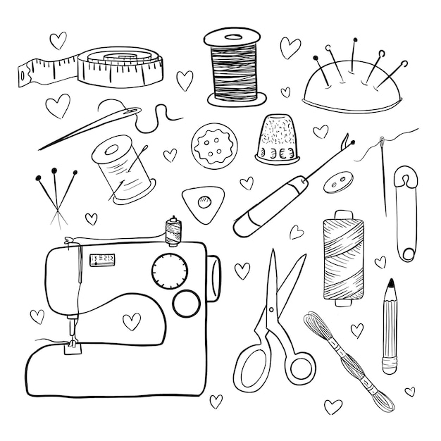 a black and white drawing of a sewing machine and some other items Big vector doodle sewing set