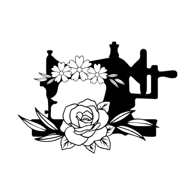 A black and white drawing of a sewing machine with a flower on it.