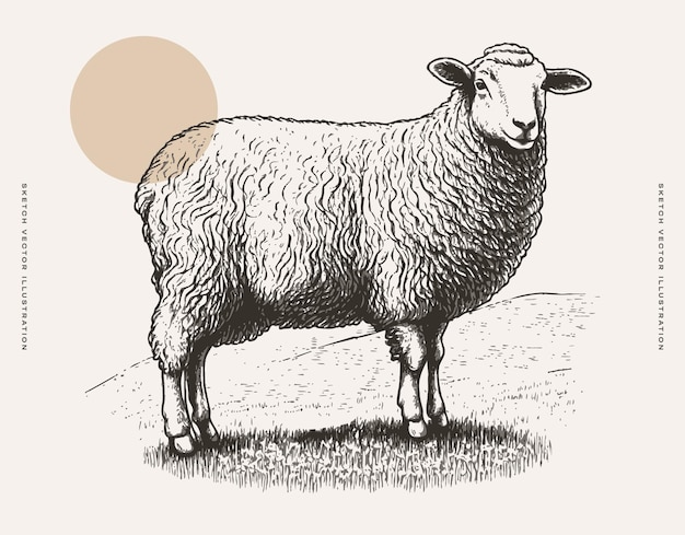 Black and white drawing of a sheep