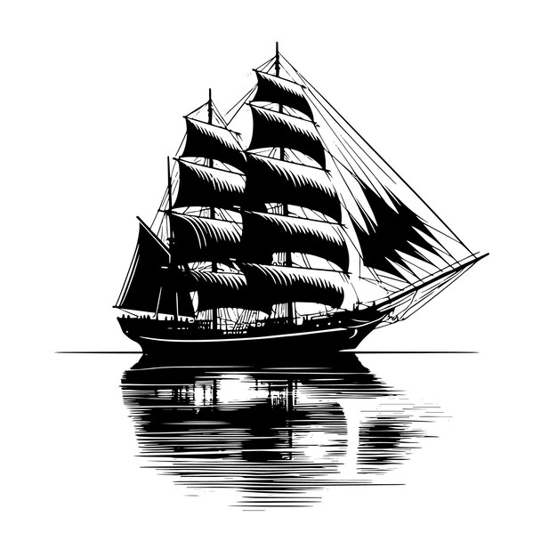 Vector a black and white drawing of a ship with a black sail