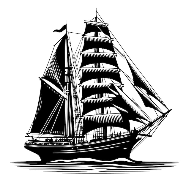 Vector a black and white drawing of a ship with a black sail