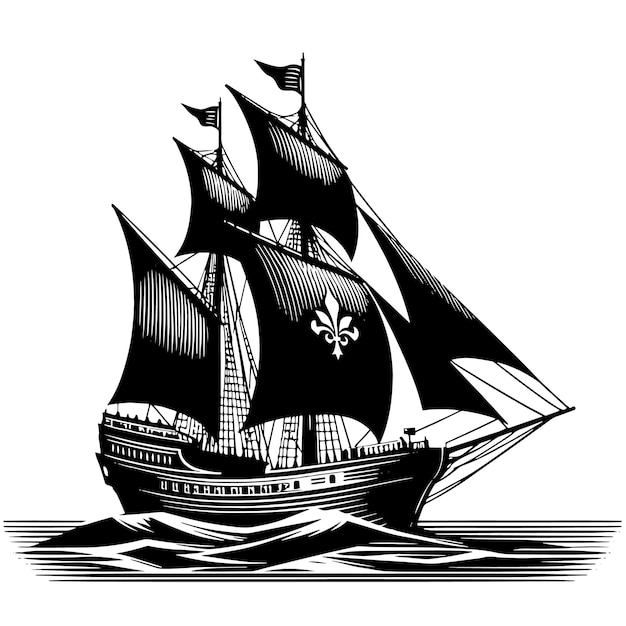 Vector a black and white drawing of a ship with a flag on it