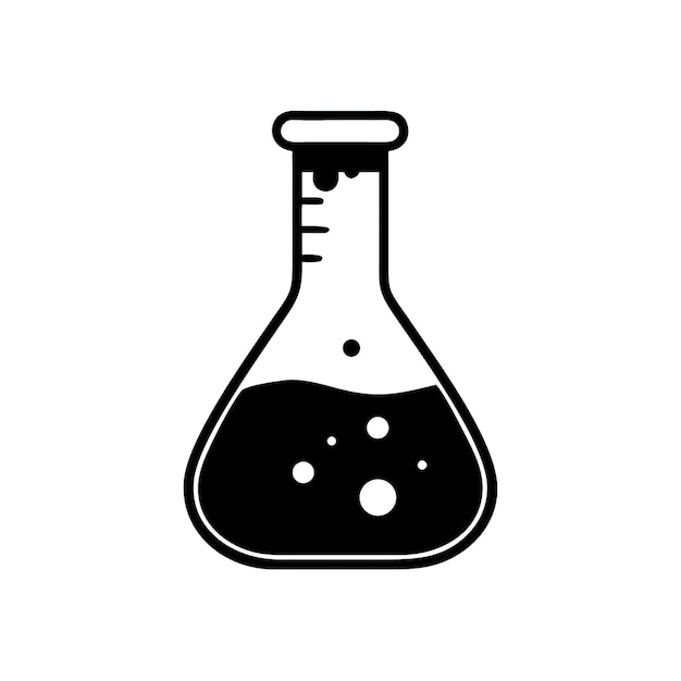 Black and white drawing showing Erlenmeyer flask with liquid and bubbles is isolated