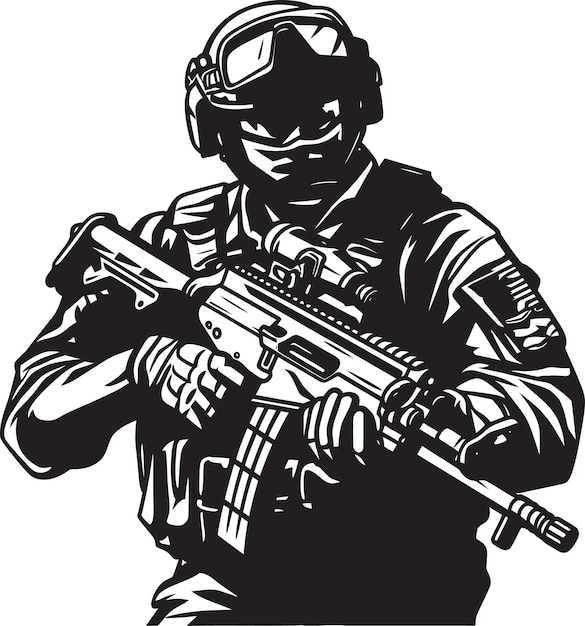 Vector a black and white drawing of a soldier holding a gun