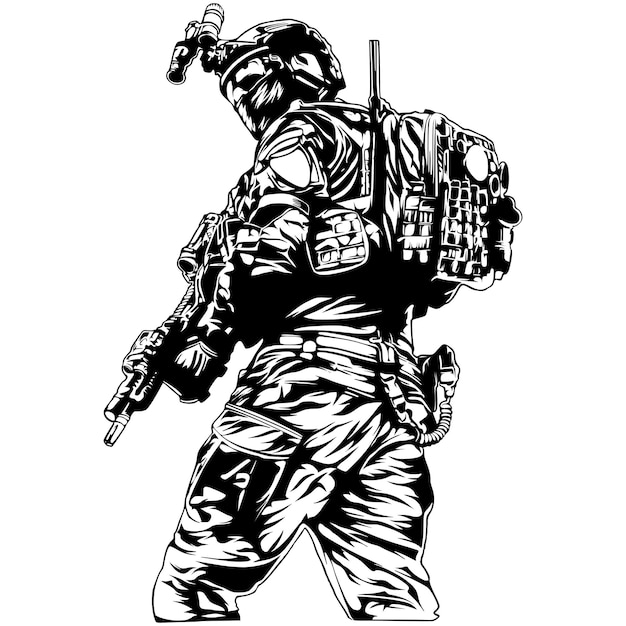 A black and white drawing of a soldier with a backpack and a gun.