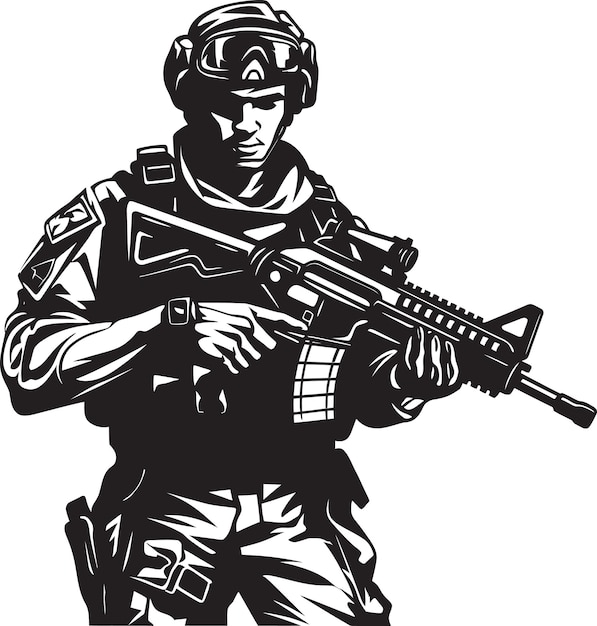 Vector a black and white drawing of a soldier with a gun in his hand