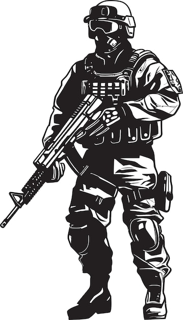 Vector a black and white drawing of a soldier with a gun on it