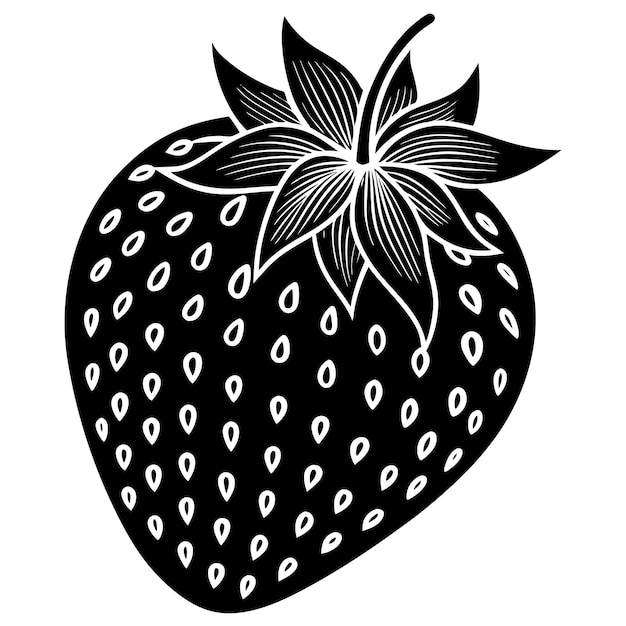 a black and white drawing of a strawberry with a flower on it