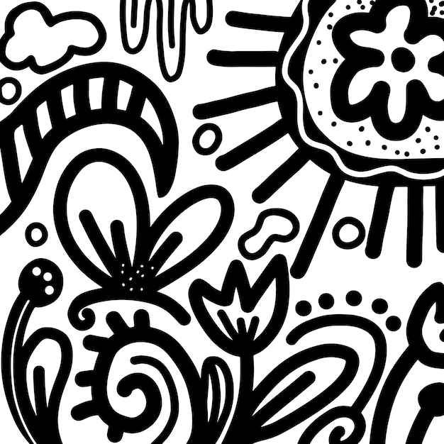A black and white drawing of a sun and flowers doodle art vector illustration.