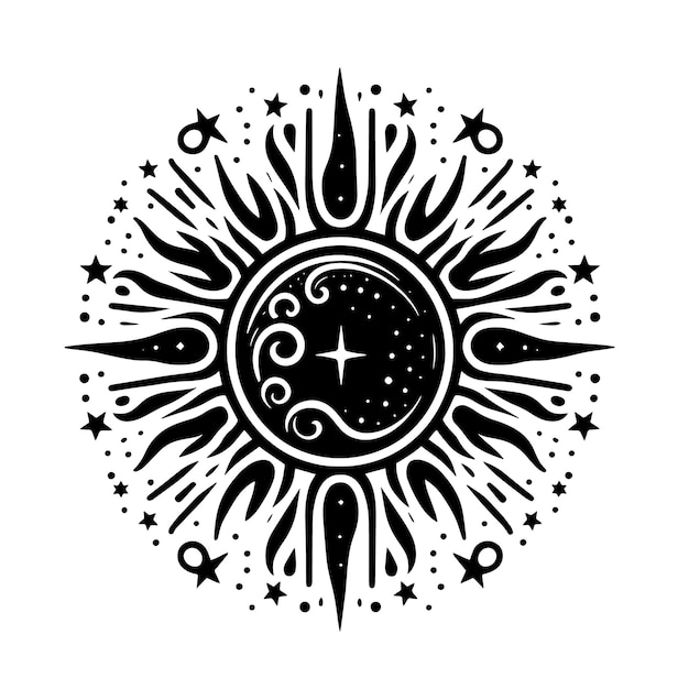 Vector a black and white drawing of a sun with stars and the moon