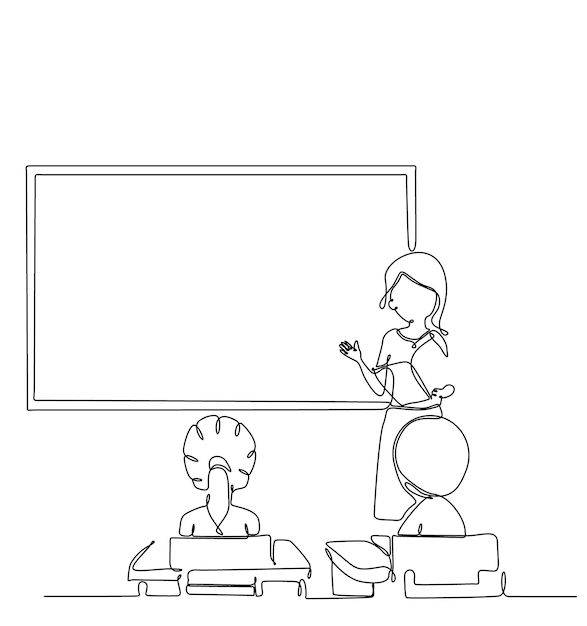 Black and white drawing of a teacher in a classroom with a whiteboard that says'school'on it '