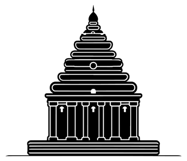 A black and white drawing of a temple