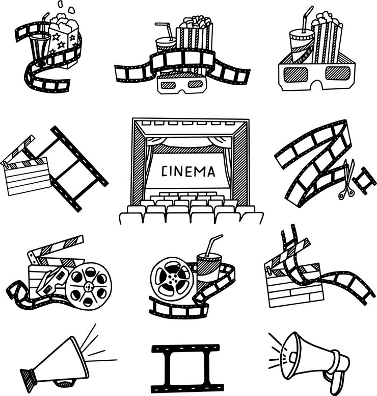映画が書かれているサインを掲げた劇場の黒と白の絵