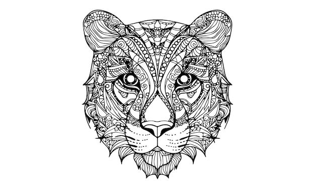 Black and white drawing of a tiger head coloring page