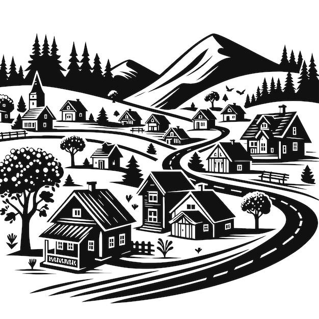 Vector a black and white drawing of a town with houses and mountains in the background