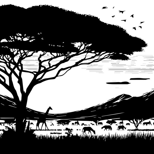 Vector a black and white drawing of a tree with birds flying in the background