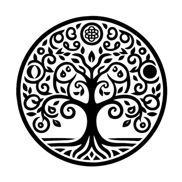 Vector a black and white drawing of a tree with a circle that says quot the tree quot