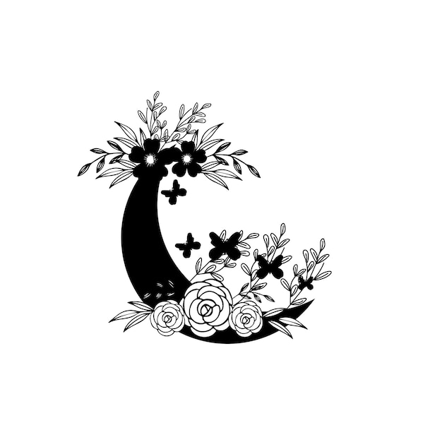 A black and white drawing of a tree with flowers and leaves.