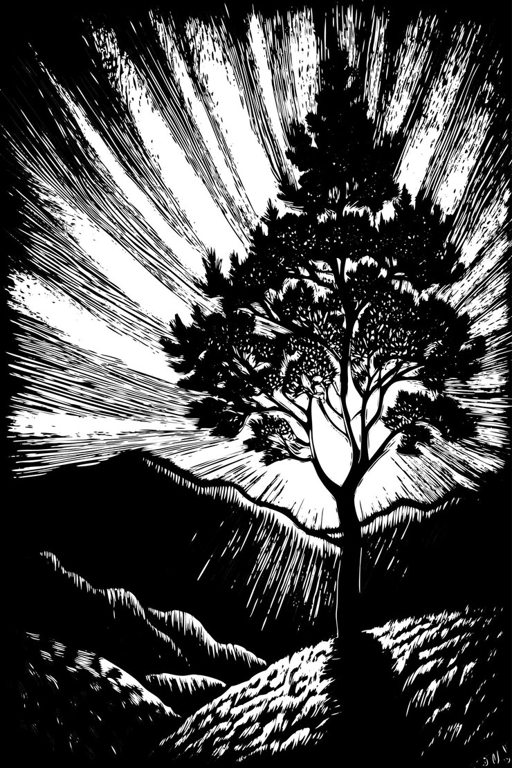 Vector a black and white drawing of a tree with a mountain in the background