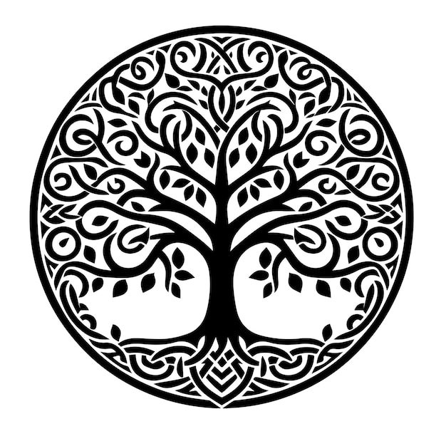 A black and white drawing of a tree with a white background