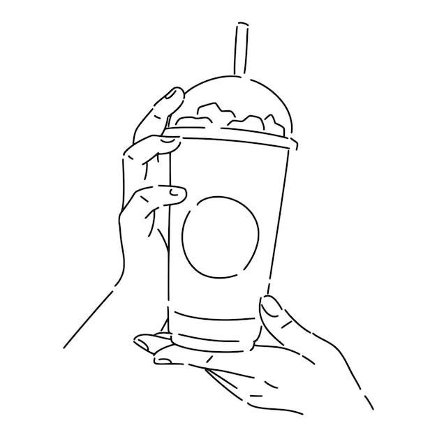 A black and white drawing of two hands holding a cup of ice cream.