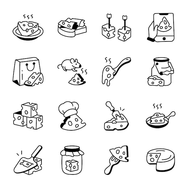 A black and white drawing of various food items including cheese, cheese, and sauces.