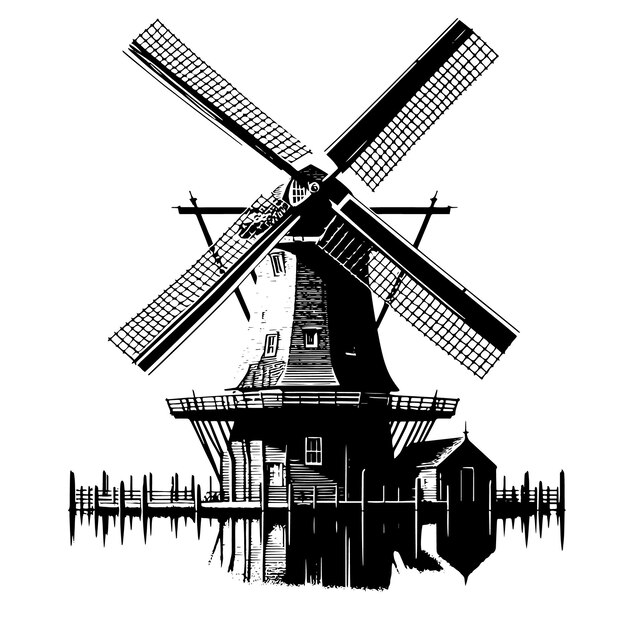 Vector a black and white drawing of a windmill with a bridge in the background