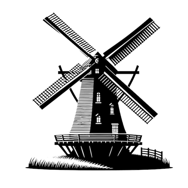 A black and white drawing of a windmill with the word mill on it