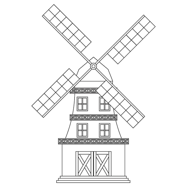 Vector a black and white drawing of a windmill.