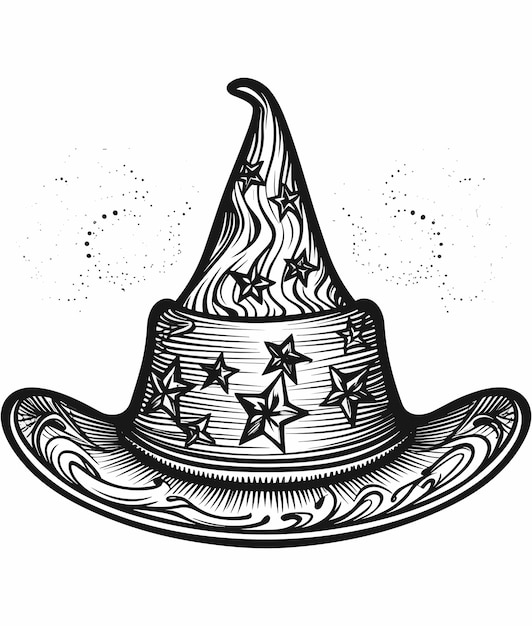 A black and white drawing of a witch hat with stars on it.