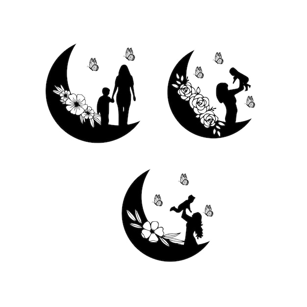 A black and white drawing of a woman and a boy on the moon.