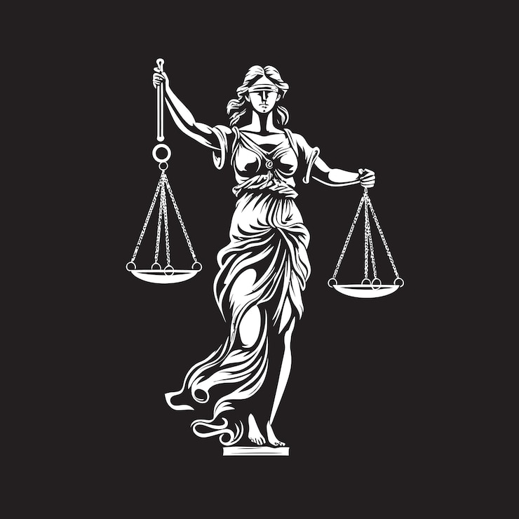 Vector a black and white drawing of a woman holding a scale with a scales that says justice