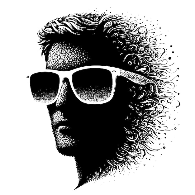 a black and white drawing of a woman wearing sunglasses