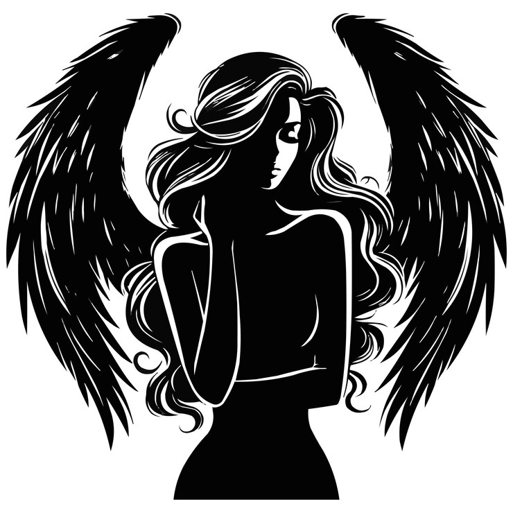 a black and white drawing of a woman with angel wings