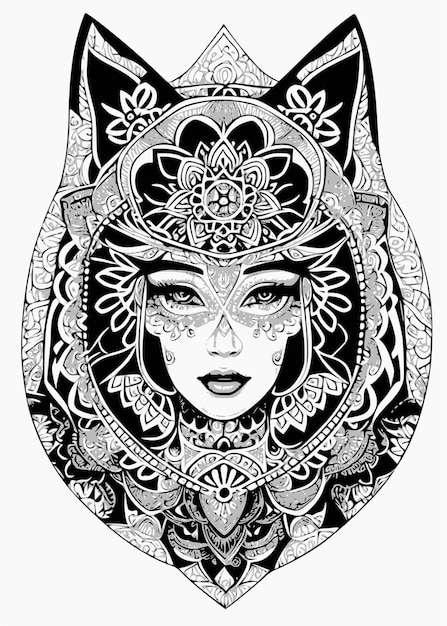 Un disegno in bianco e nero di una donna con una faccia in una cornice.