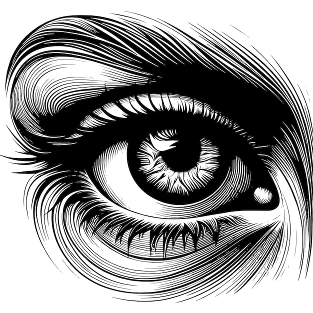 a black and white drawing of a womans eye with a black and white line around the eye