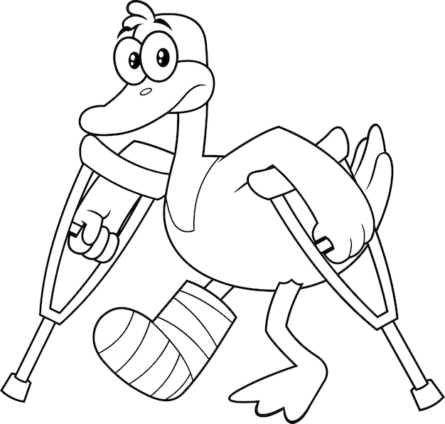 Черно-белая утка мультипликационный персонаж с костылями и намазанной ногой. Иллюстрация