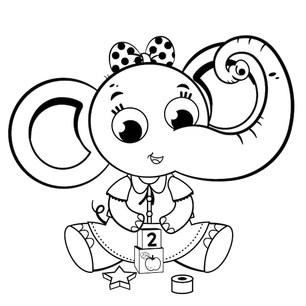 Black and white elephant girl playing with toys Vector illustration