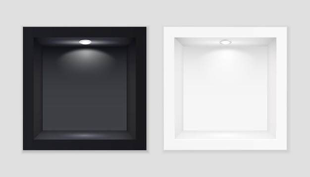 Vettore vetrine cubiche da esposizione in bianco e nero con sagoma illuminata.